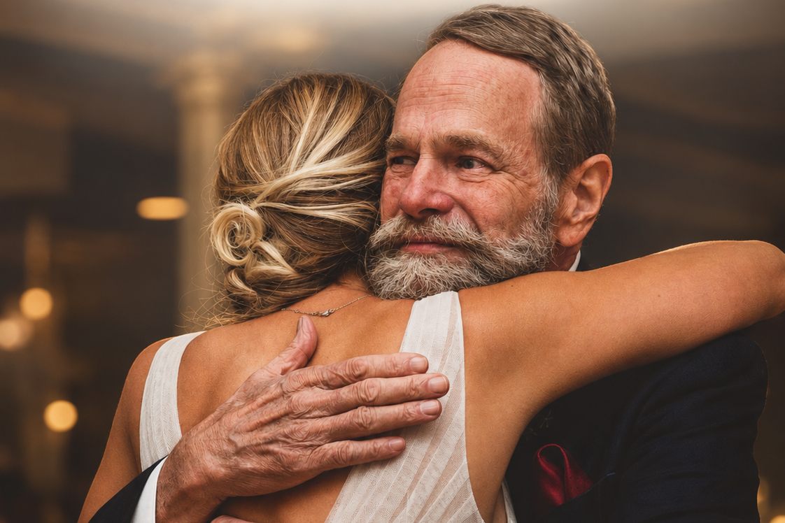 A father and his daughter embrace during a parent dance